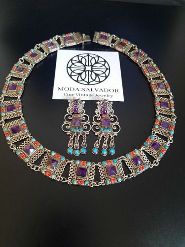 Gorgeous! Morales 925 Silver Mexico Ornate Jeweled Necklace Set