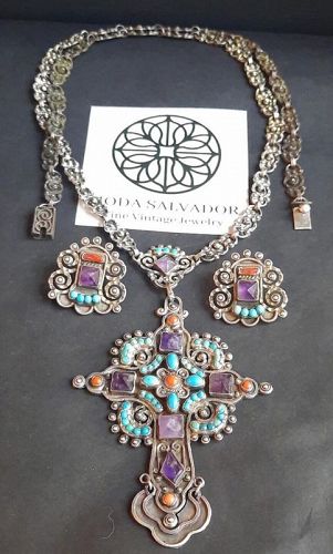 Gorgeous! Jeweled Rivera 925 Mexico Ornate cross necklace and earrings