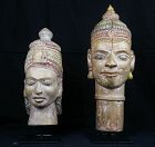 LARGE ANTIQUE  WOOD CARVED HINDU GOD AND GODDESS HEADS FROM INDIA 19th