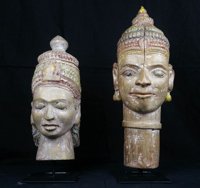 LARGE ANTIQUE  WOOD CARVED HINDU GOD AND GODDESS HEADS FROM INDIA 19th