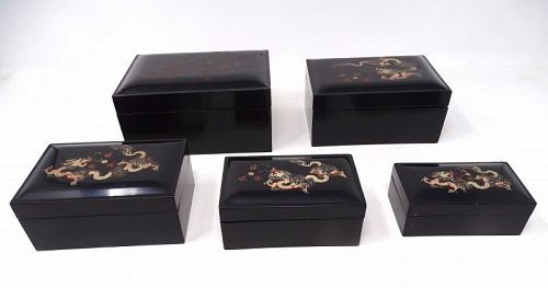 Nest of 5 Chinese Antique Lacquer Boxes Foochow/Fuzhou Lacquer Dragons