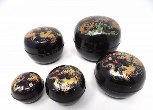 Nest of 5 Chinese Antique Lacquer Boxes Round Foochow/Fuzhou Lacquer