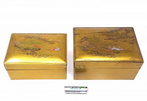 2 Foochow/Fuzhou Gold Lacquer Boxes Painted with Figures in Landscape