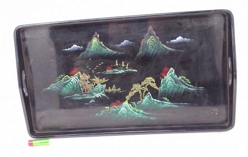 Foochow/Fuzhou Lacquer Tray decorated with boats on a black ground