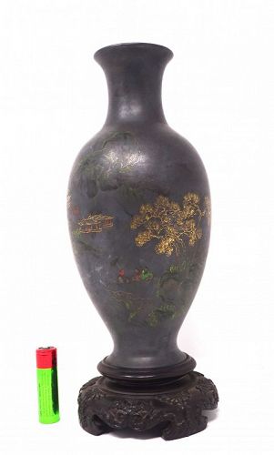 Foochow/Fuzhou Lacquer vase figures in a landscape Pale Blue Ground 福州