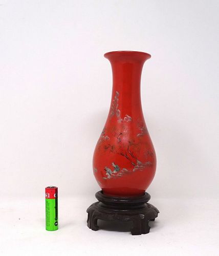 Foochow/Fuzhou Lacquer vase figures in a landscape Red Ground