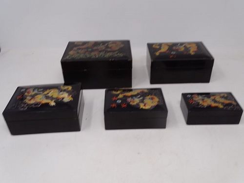 Good Fuzhou/Foochow Black Ground Lacquer Boxes Painted Dragons Marked