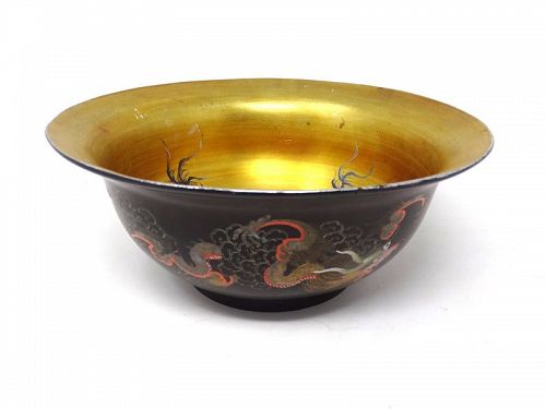 Foochow Fuzhou  Lacquer large black ground bowl painted with dragons