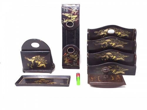 Foochow Fuzhou  Lacquer Desk Set   painted with Dragons Marked Hip Sun