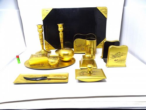 Foochow Fuzhou  Lacquer Gold Ground Desk Set painted with Figures