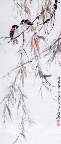 Scroll Painting with Birds signed Huang Huanwu 黃幻吾