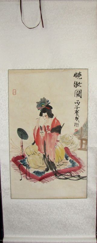 Painting of “Woman Putting on her Make-up at Dawn” signed He Cheng
