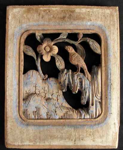 Qing Dynasty Carved Panel of Bird in Garden: Free Shipping