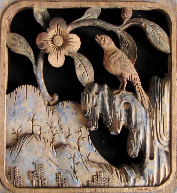 Qing Dynasty Carved Panel of Bird in Garden: Free Shipping