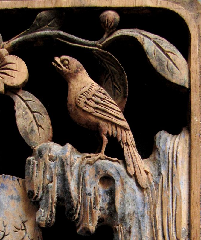 Qing Dynasty Carved Panel of Bird in Garden: Free Shipping
