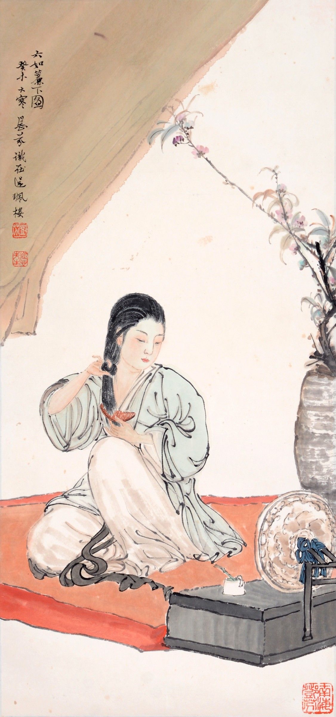 Chinese Painting of Woman Combing Hair signed DENG FEN 鄧芬