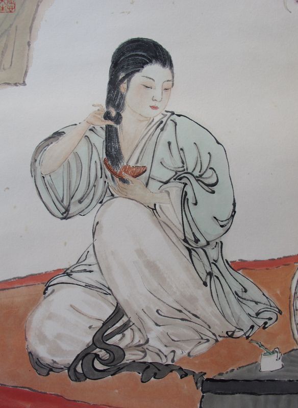 Chinese Painting of Woman Combing Hair signed DENG FEN 鄧芬