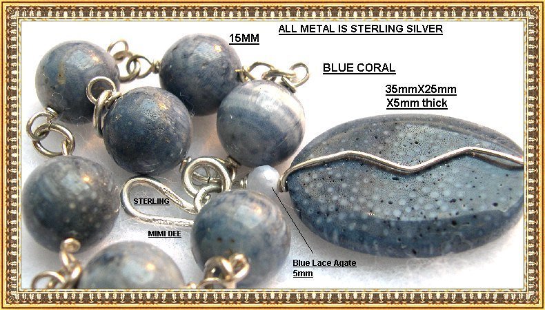 Signed Mimi Dee Sterling Silver Blue Coral Bracelet