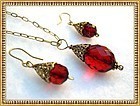Faceted Cherry Red Necklace Pendant Chain Earring Set Gold Sterling