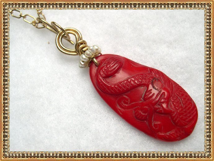 Signed Pendant Chain Necklace Red Coral Carved Dragon