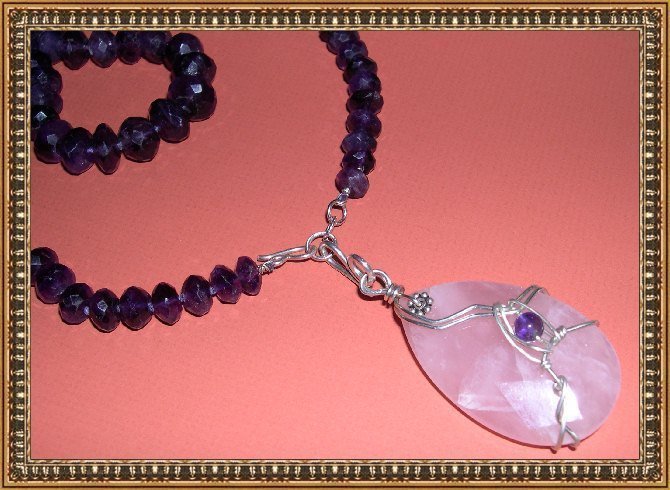 Graduated Knotted Amethyst Necklace Signed Rose Quartz Pendant