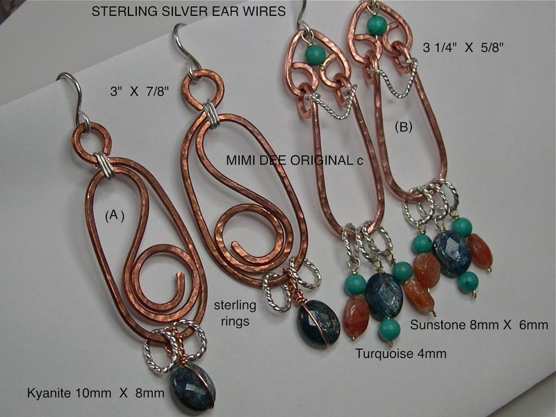 Signed Mimi Dee Studio Copper Sterling Hammered Earrings Gems
