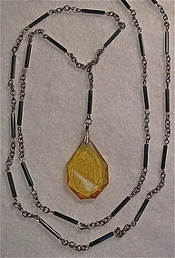 Vintage Etched Amber Glass Drop Black Tube Sautoir Necklace