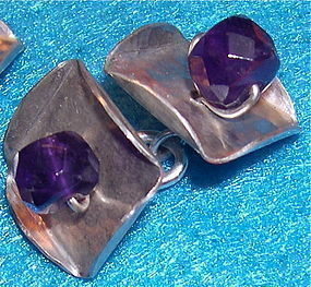 Signed Studio Sterling Hammered Cufflinks Amethyst