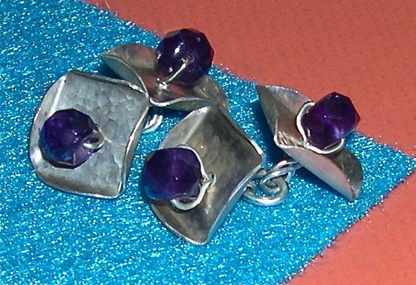 Signed Studio Sterling Hammered Cufflinks Amethyst