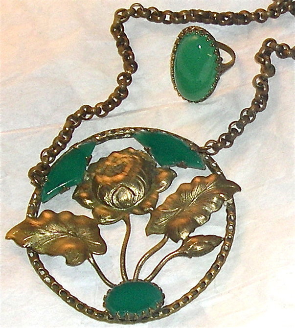 Vintage Ea Foliate Brass Necklace OR Ring Green Glass Stone or Duo
