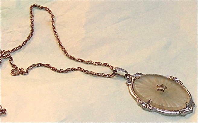 Vintage Deco Camphor Glass Pendant Sterling Chain