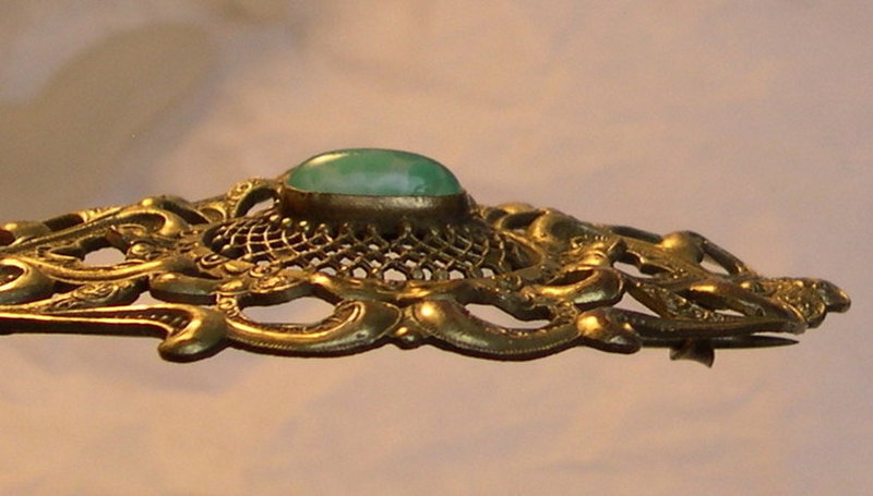 Antique Mottled Green Jade Peking Art Glass Cab Brass Sash Pin