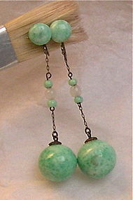 Vintage Art Deco Sterling Peking Jade Green Glass Dangle Earrings
