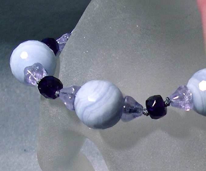 Signed Blue Lace Agate Bracelet Amethyst, Alexandrite Glass