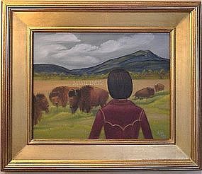 Signed Mimi Dee American Oil O/C Painting Landscape Bison Buffalo