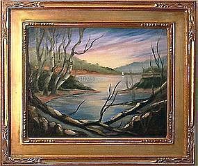 Signed American Oil Linen Painting Landscape Birches Lake Boat