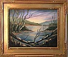 Signed American Oil Linen Painting Landscape Birches Lake Boat
