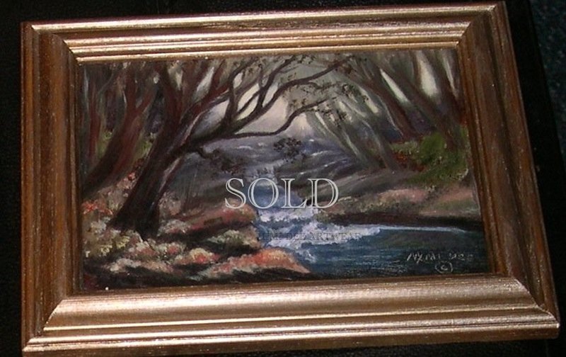 2 Left: Signed Mini Oil Landscape Painting Beach Boat or Birches