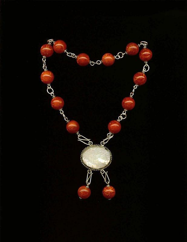 Coral Sterling Necklace Choker Carved Asian