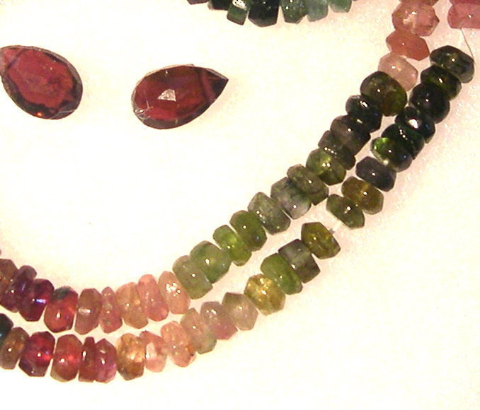 New Unf. Multi Color Tourmaline Rondelle Beads Strand, 2 Briolettes