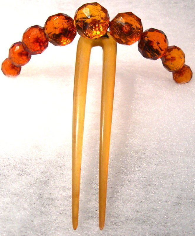 Victorian Cognac Honey Faceted Amber Horn Hair Comb Ornament