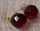 18K Gold Cherry Red Faceted 12mm Bead Drop Earrings