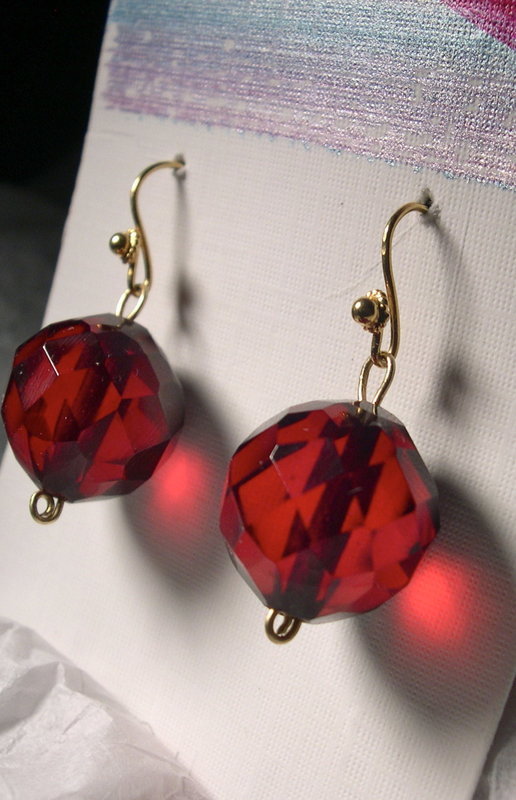 18K Gold Cherry Red Faceted 12mm Bead Drop Earrings