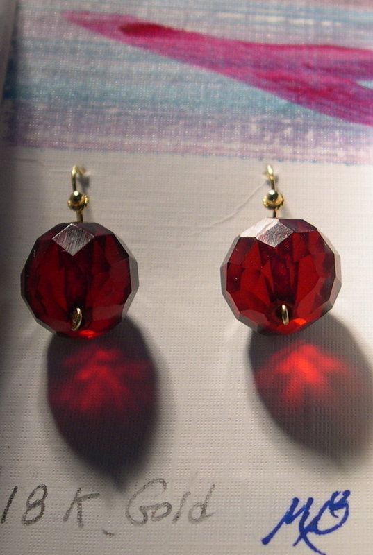 18K Gold Cherry Red Faceted 12mm Bead Drop Earrings