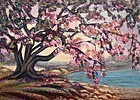 Signed American Original Acrylic Landscape Painting Blooms at the Lake
