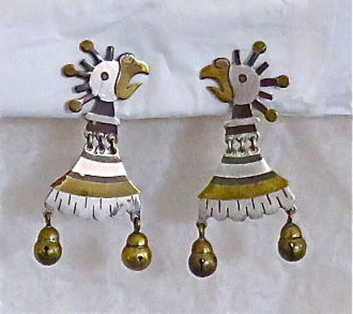 Vintage Los Castillo Taxco Mixed Metales Casados Parrot Earrings #33