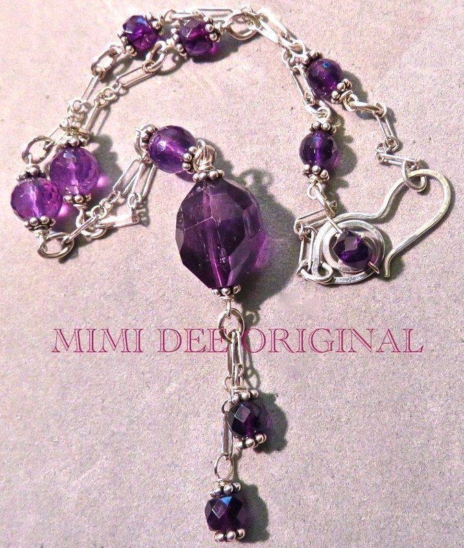 Signed Mimi Dee Sterling Silver Necklace Amethyst Victorian Style