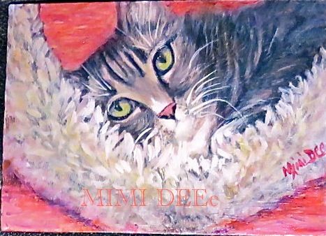 Signed Mimi Dee American Study Portrait Painting Grey Tabby Cat