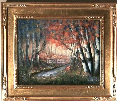 Signed Mimi Dee Oil Linen Landscape Painting Birches and Stream