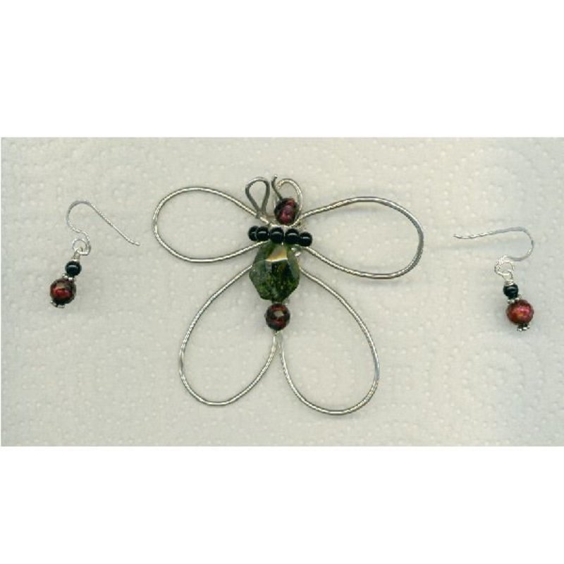 Signed Sterling Silver Butterfly Pendant Green Garnet